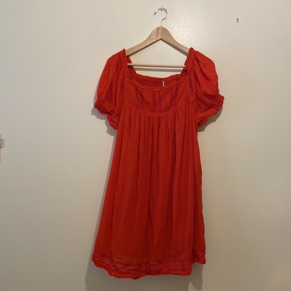Free People Bright Orange/Red Puff Sleeve Mini Dress shorts underneath - Picture 2 of 11